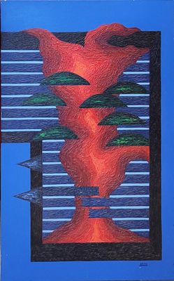 painting of a red vase with green trees in it on a blue background