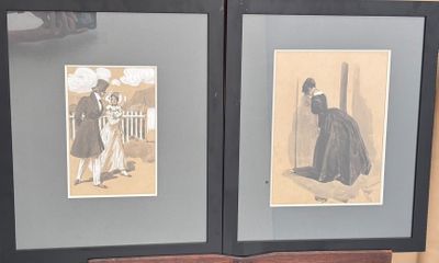 two framed pictures of a man and a woman on a bench