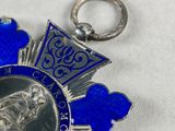 an image of a blue medal with a silver medal in the center