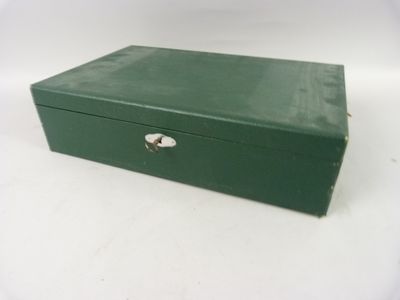 a green box with a lock on it on a white surface
