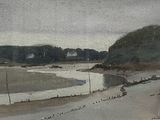 une aquarelle représentant une plage avec des bateaux sur l'eau
