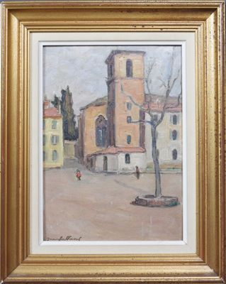 une image représentant un tableau d'un bâtiment avec un arbre devant