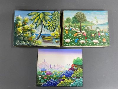 three paintings of a beach scene with palm trees and a boat on the water