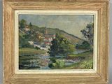 une image représentant un tableau où l'on voit une rivière avec des maisons en arrière-plan