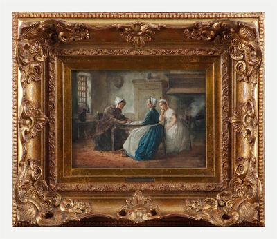 un vieux tableau représentant une famille en train de jouer aux échecs