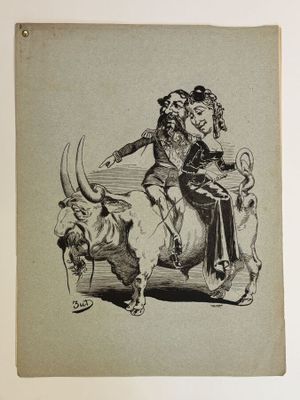 an old drawing of a woman sitting on a cow with a dog