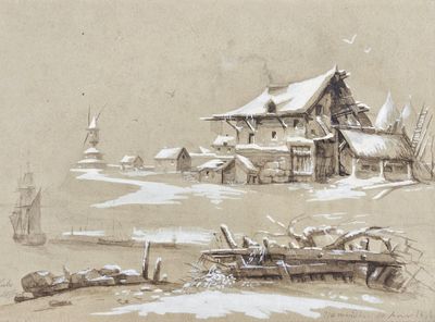 a drawing of a boat in the water next to a house