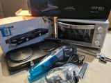 a microwave that is sitting on a counter with other items