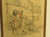 dessin encadré représentant deux enfants jouant avec un chien dans un jardin