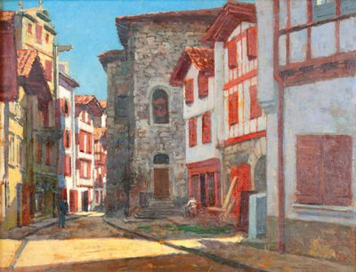 a painting of a street scene with buildings on both sides of the street