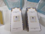 two boxes of perfume sitting next to each other on a table
