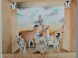 une peinture représentant un groupe de personnes devant un bâtiment