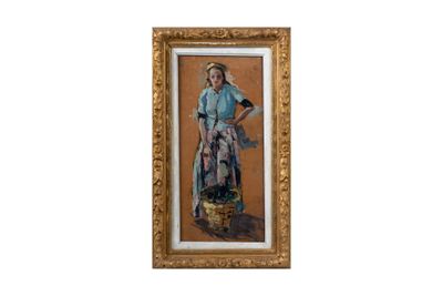 tableau représentant une femme en robe bleue tenant un panier de fleurs