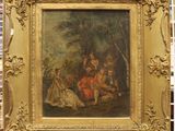 painting of a group of people in a wooded setting with a dog