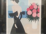 painting of a woman in a black dress holding a bouquet of flowers