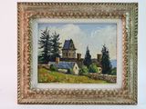 an oil painting of a house on a hill with trees in the background