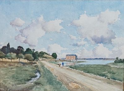 une aquarelle représentant un homme et un chien sur un chemin de terre