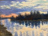 a painting of a river with a sunset in the background