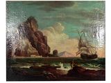 un tableau représentant deux bateaux sur l'eau, près d'un rivage rocheux