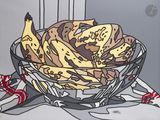 un tableau représentant un bol de biscuits et de bananes posé sur une table