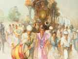 a painting of a woman in a pink dress walking down the street