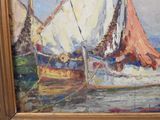 a painting of a sailboat on display in a museum