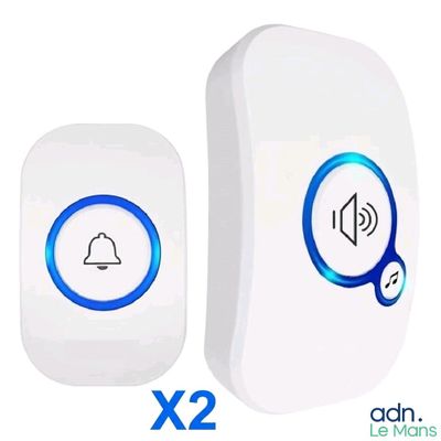 deux boutons d'alarme blancs et bleus, surmontés d'une cloche