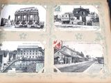 four old photos of a train station and a train on the tracks