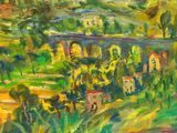 an oil painting of a landscape with a bridge over a river