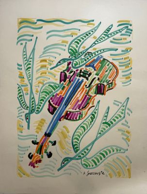 painting of a violin with a colorful design on the back of it