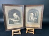 two framed pictures of a man reading a book and a woman reading a book
