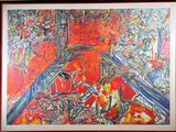 painting of a red and blue abstract painting with a black frame