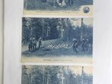 two old photos of people riding horses in a wooded area