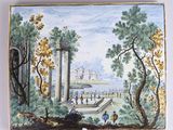 painting of a landscape with a fountain and figures in the foreground
