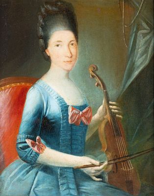 portrait of a lady in a blue dress holding a violin