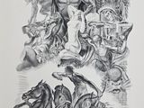 an image of a black and white drawing of a man riding a horse