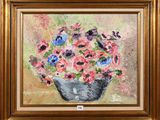 an oil painting of a vase filled with pink and blue flowers