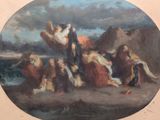 painting of a painting of a group of people sitting on a beach