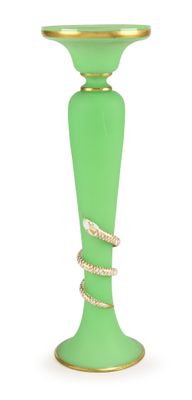 a green glass vase with gold trimmings and a snake on it