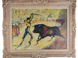 une peinture à l'huile représentant un taureau et un homme armé d'une épée lors d'une corrida