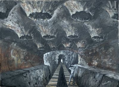 un tableau représentant un homme montant un escalier