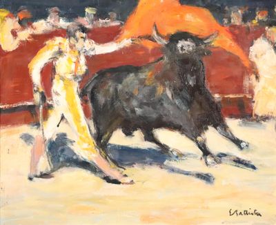 une peinture à l'huile représentant un taureau et un homme dans une arène