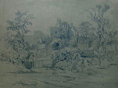 dessin représentant un paysage avec un château et des arbres en arrière-plan