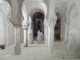 a drawing of a building with arches and pillars