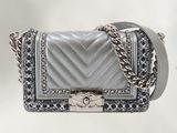 chanel silver chevrond leather mini flap bag with chain strap