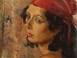 an image of a painting of a woman with a red bandana