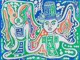 tableau représentant une femme coiffée d'un haut-de-forme et un homme avec un oiseau sur la tête