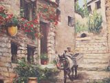 an oil painting of a horse pulling a cart down a cobblestone street