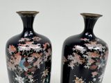 two black vases with flowers and birds painted on them