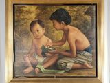 un tableau représentant deux enfants jouant avec un livre
